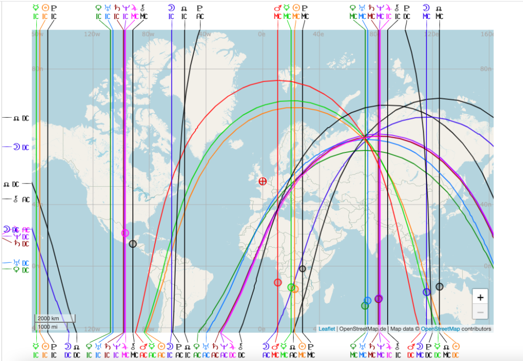 Mapa de astrocartografia, técnica que une astrologia e viagens através da sobreposição do mapa natal ao mapa mundi.