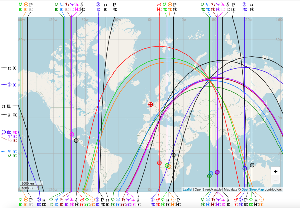 Mapa de astrocartografia, técnica que une astrologia e viagens através da sobreposição do mapa natal ao mapa mundi.