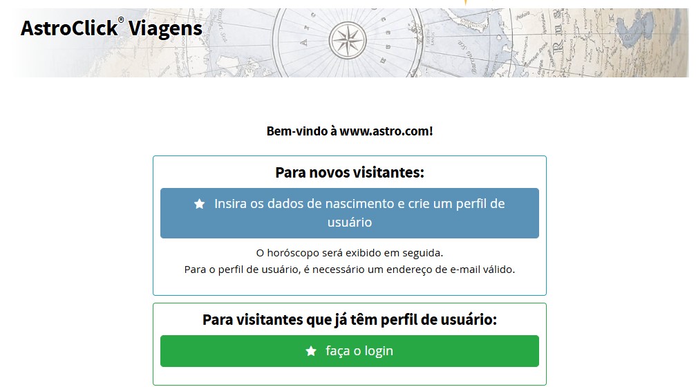 Cadastro para mapa astrológico no site astro.com